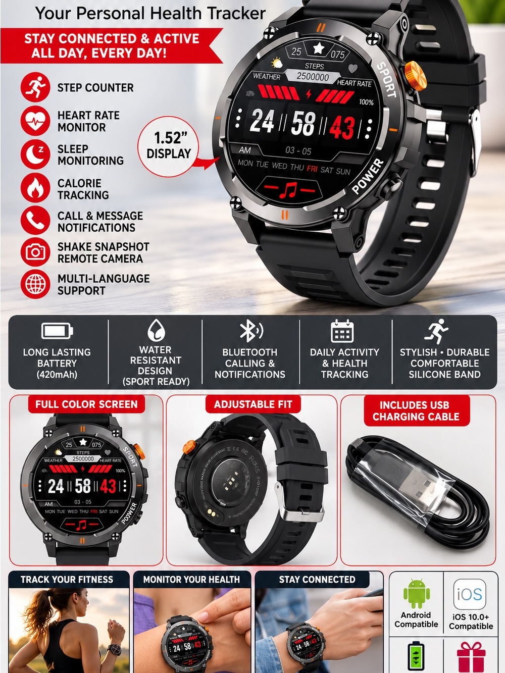 Multifunction Fitness Smartwatch - Black Silicone